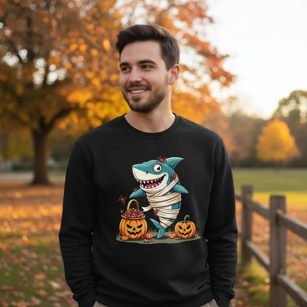 Mummy Shark Halloween shark Sweatshirt Black lifestyle mockup