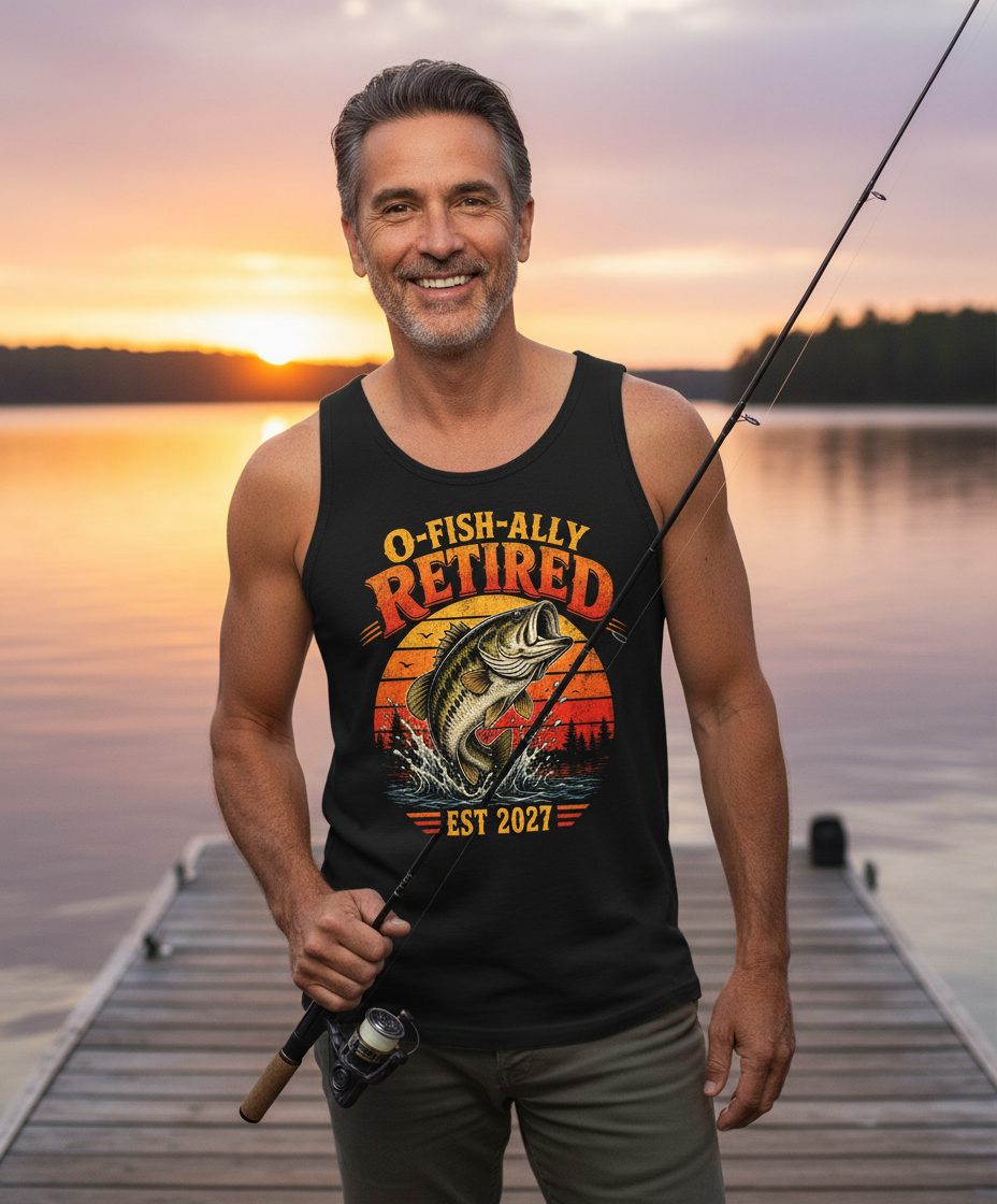 O-Fish-Ally Retired EST 2027 Funny Fishing Tank Top - lifestyle model mockup - Black