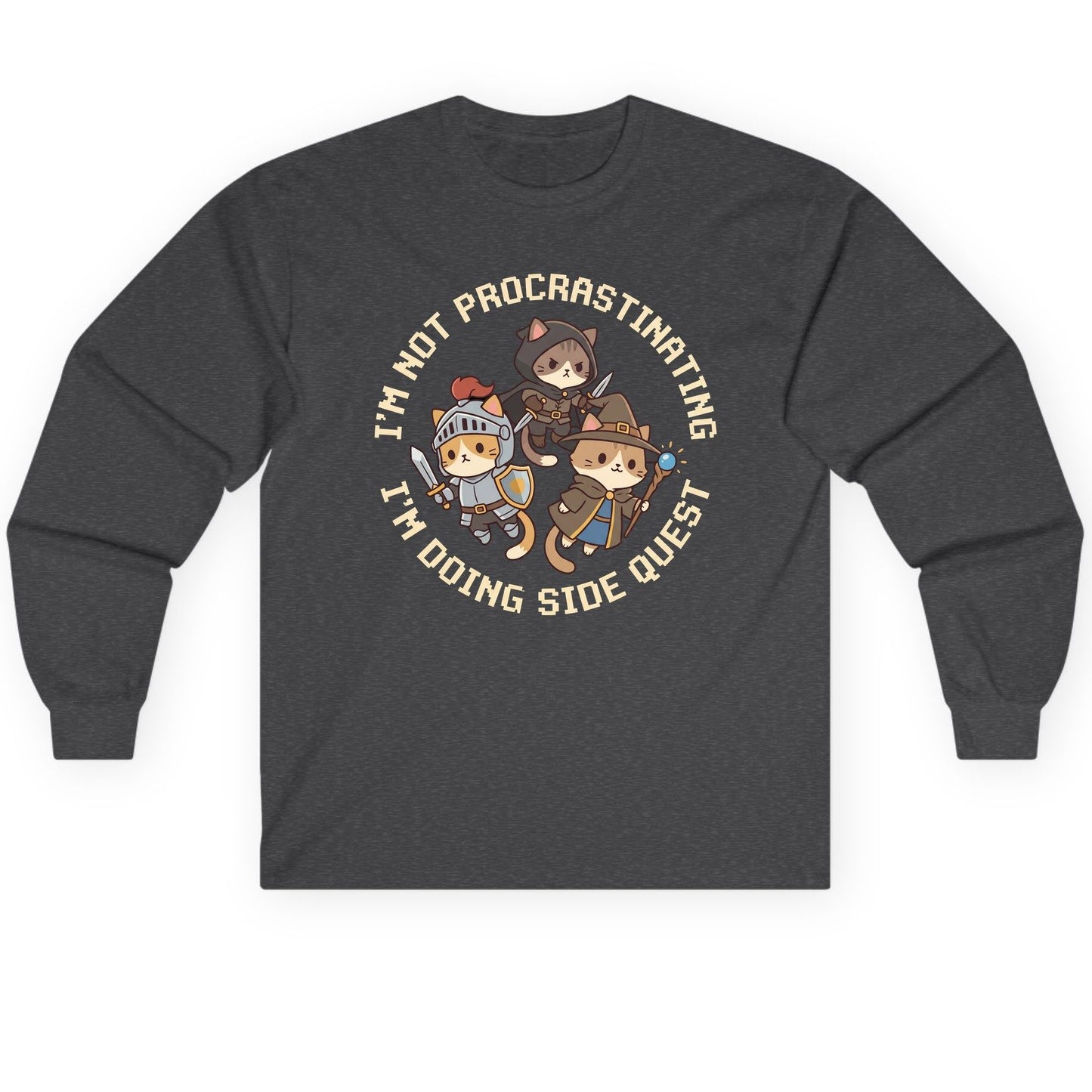 I'm Not Procrastinating I'm Doing Side Quest rpg cats Long Sleeve Tee Dark Heather product mockup
