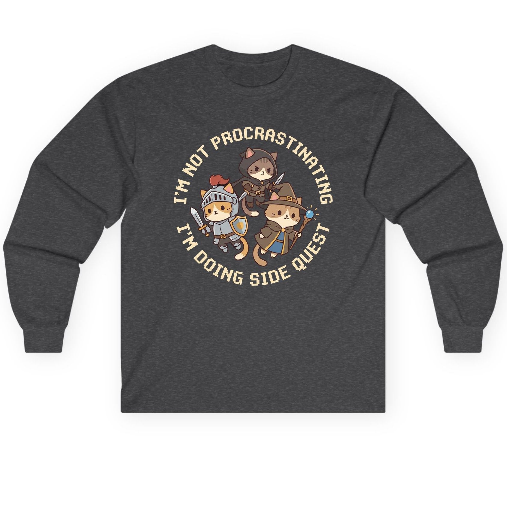 I'm Not Procrastinating I'm Doing Side Quest rpg cats Long Sleeve Tee Dark Heather product mockup