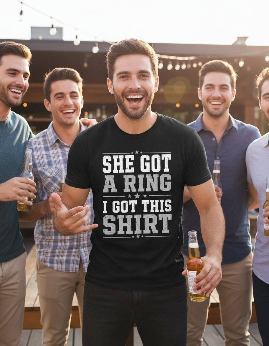 She Got a Ring I Got This Shirt Funny Bachelor Party T-Shirt - lifestyle model mockup - Black
