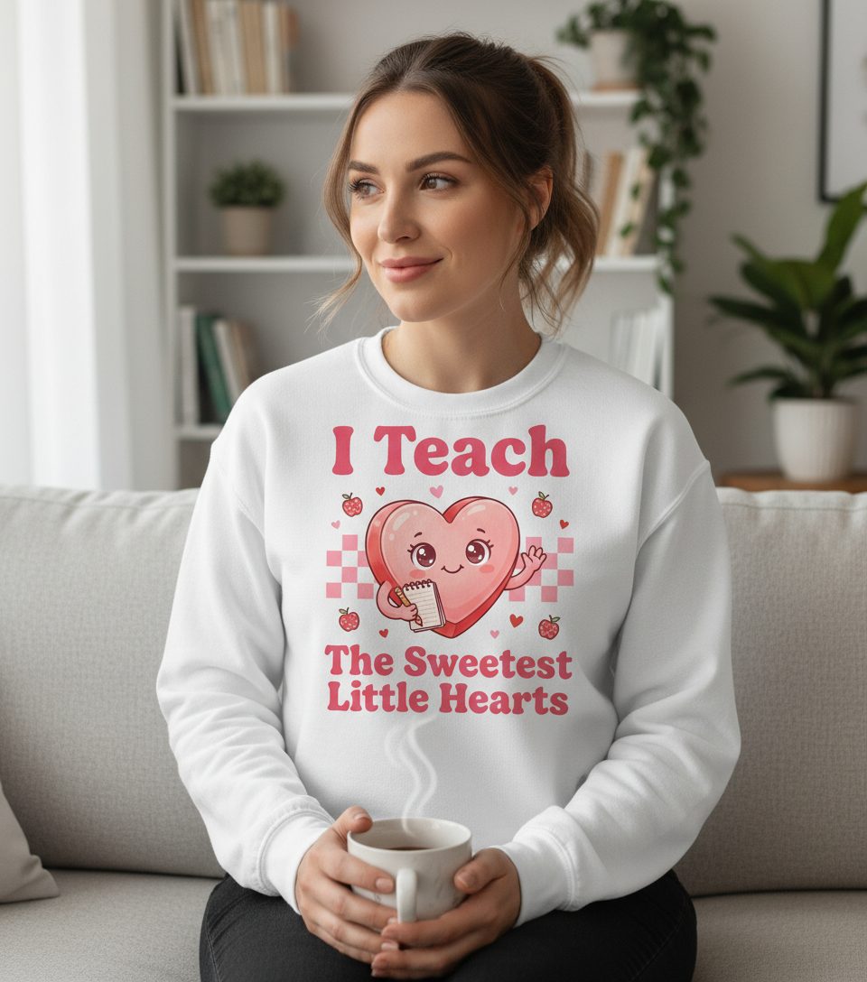 I Teach the Sweetest Little Hearts teacher Sweatshirt White lifestyle mockup
