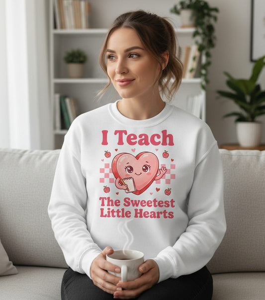 I Teach the Sweetest Little Hearts teacher Sweatshirt White lifestyle mockup