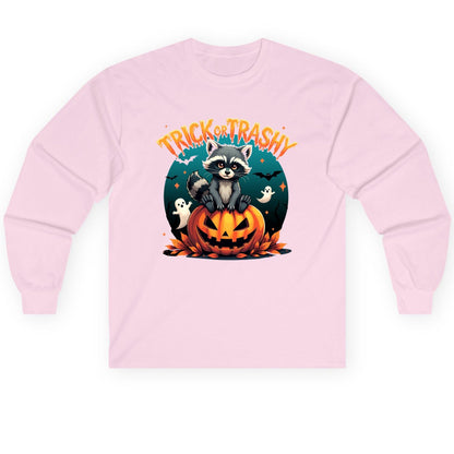 Trick or Trashy Halloween raccoon Long Sleeve Tee Light Pink product mockup