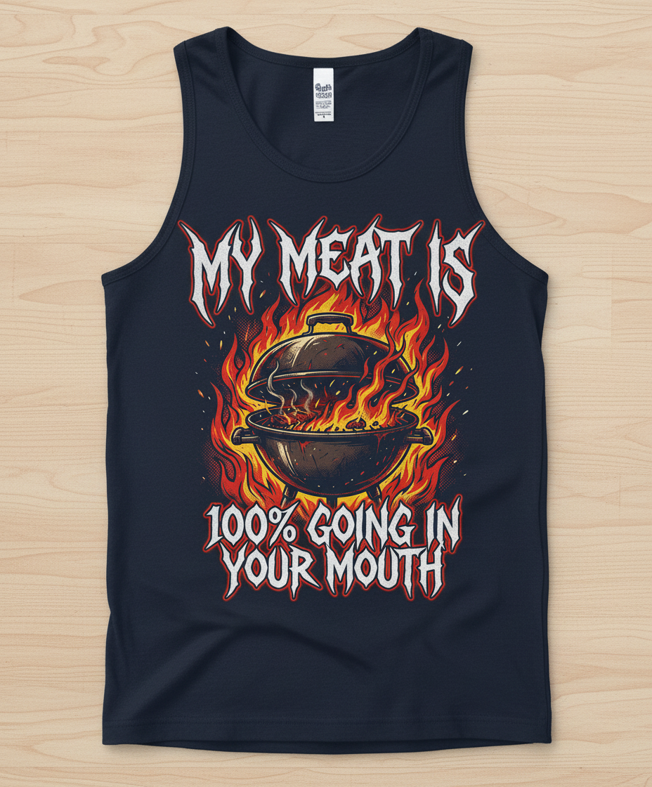 Heavy Metal BBQ My Meat Is 100% Going In Your Mouth Tank Top - Navy