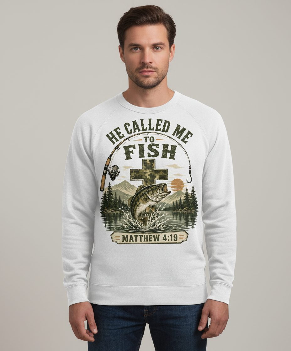 HE CALLED ME TO FISH Matthew 4 19 Christian Fishing Sweatshirt - product mockup - White