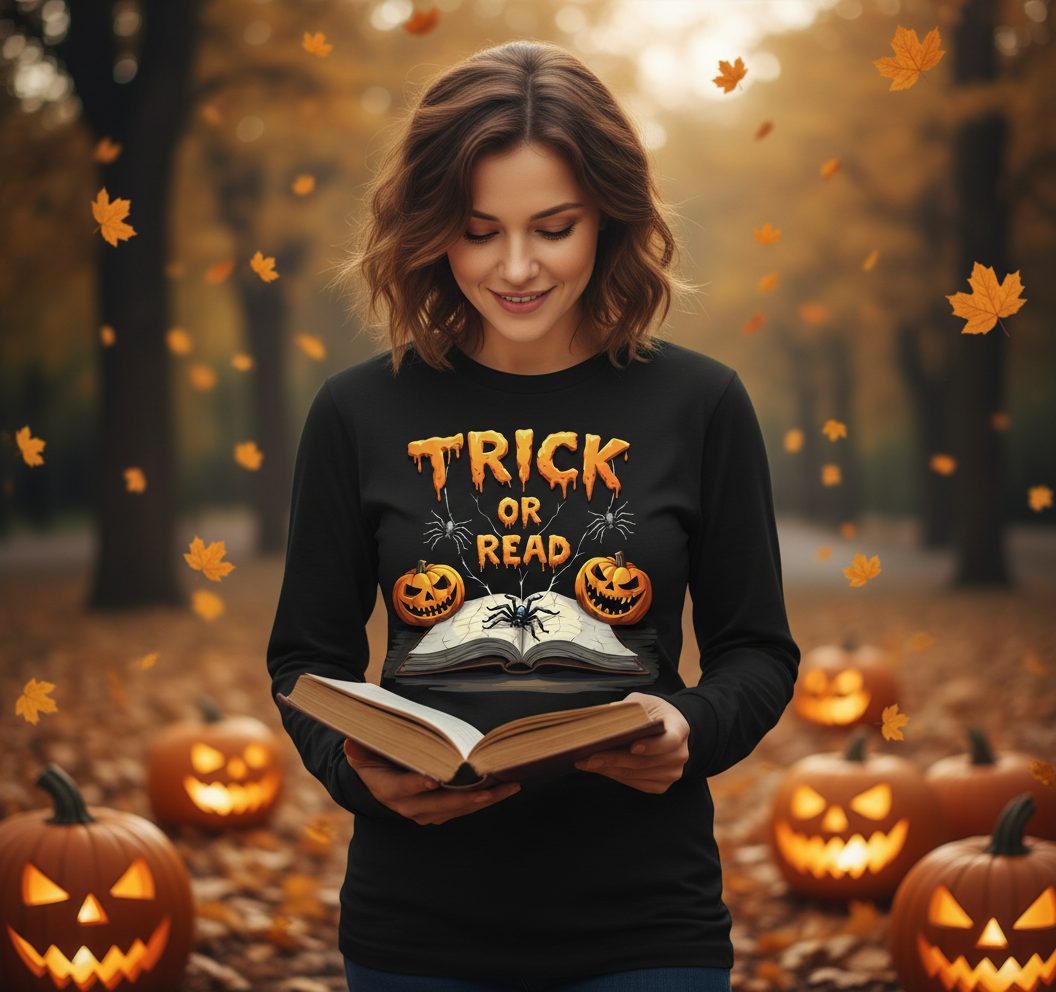 Trick or Read Halloween reading Long Sleeve Tee Black lifestyle mockup