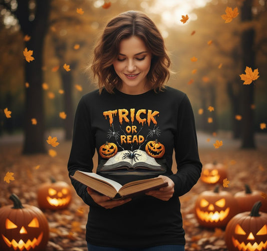 Trick or Read Halloween reading Long Sleeve Tee Black lifestyle mockup