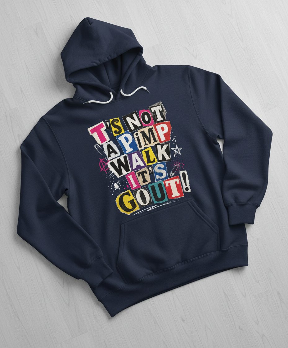 T's Not a Pimp Walk It's Gout Funny Humor Hoodie - product mockup - Navy