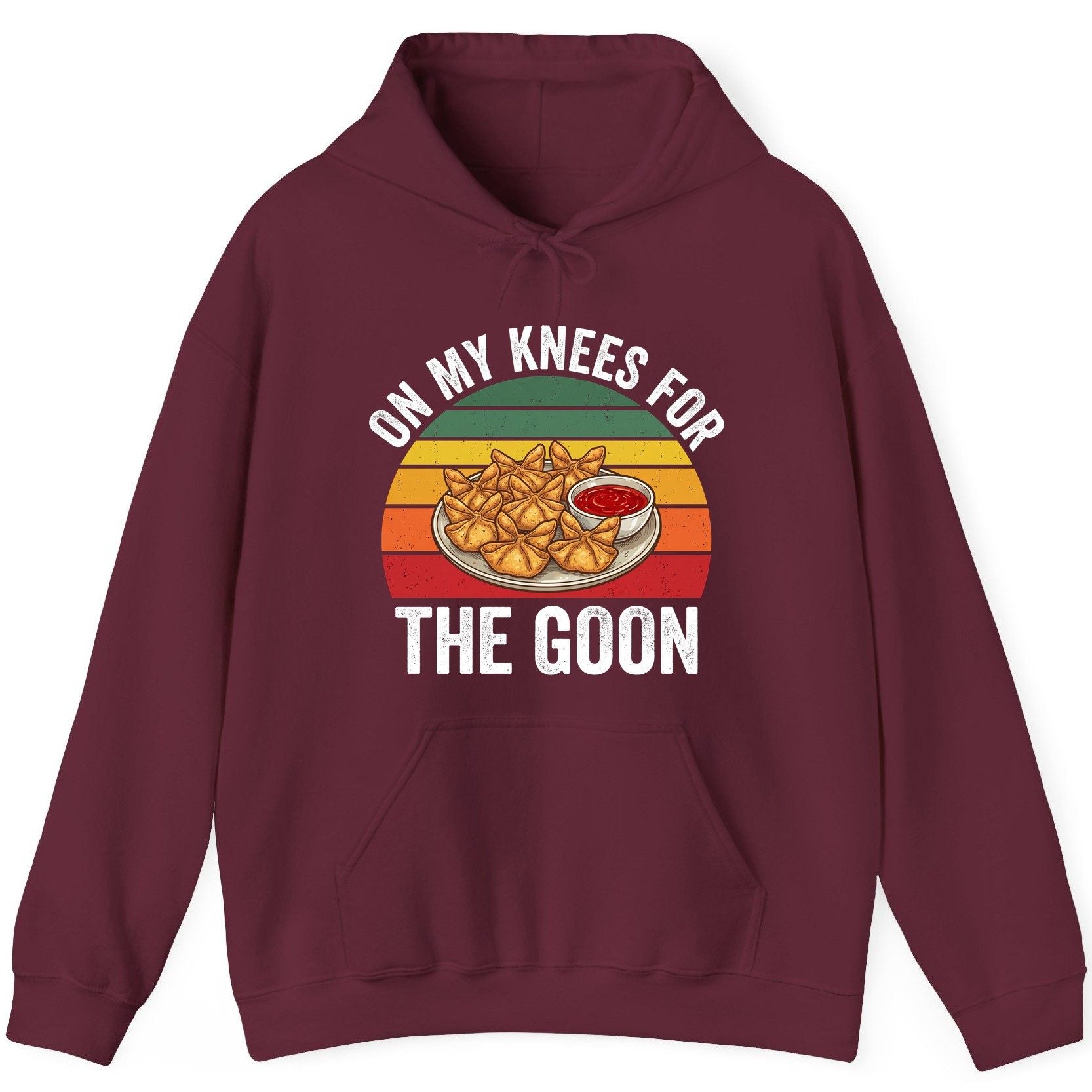 On My Knees for the Goon crab rangoon Hoodie Maroon product mockup