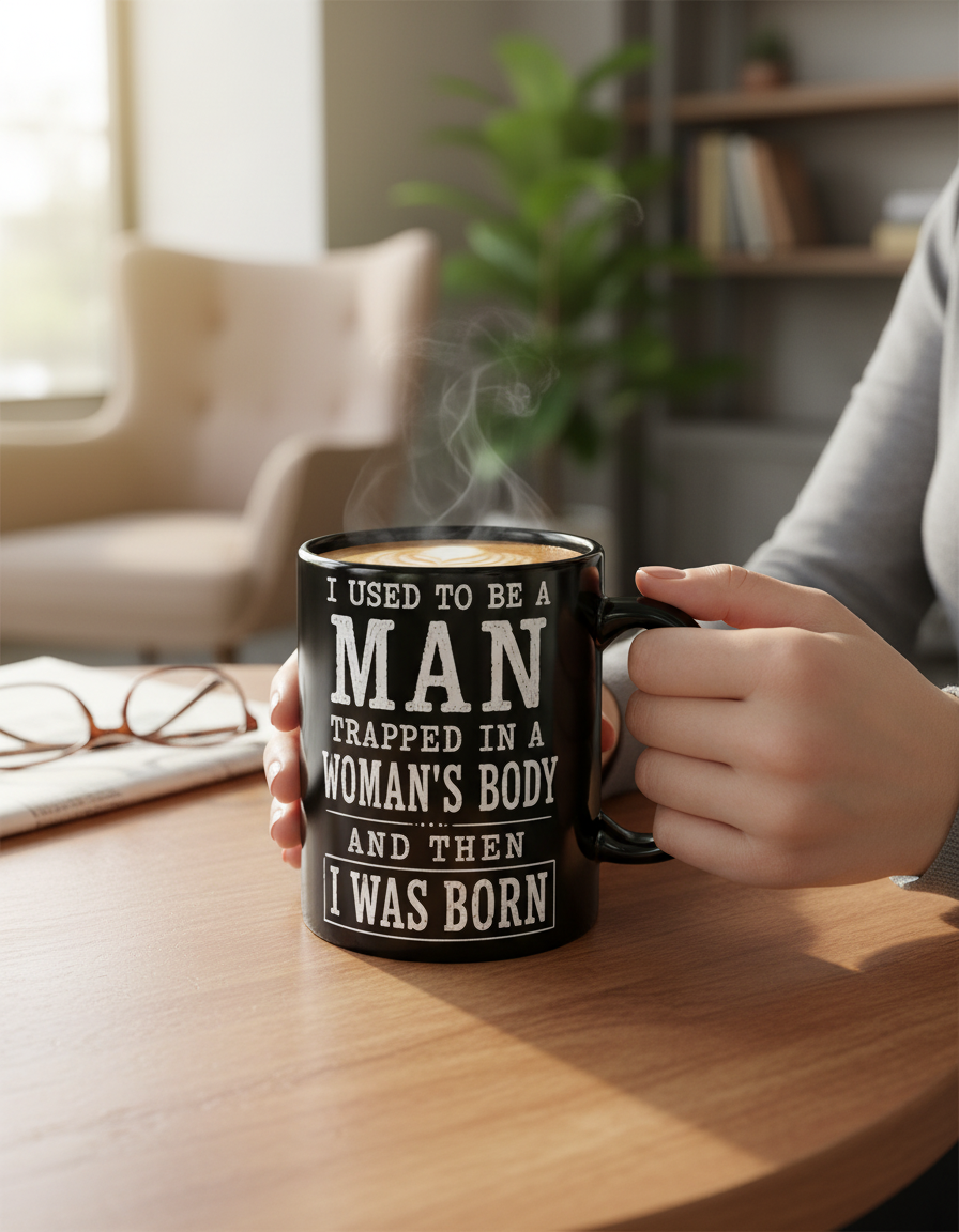 Witty I Was Born A Man Saying Black Mug - lifestyle model mockup - Black
