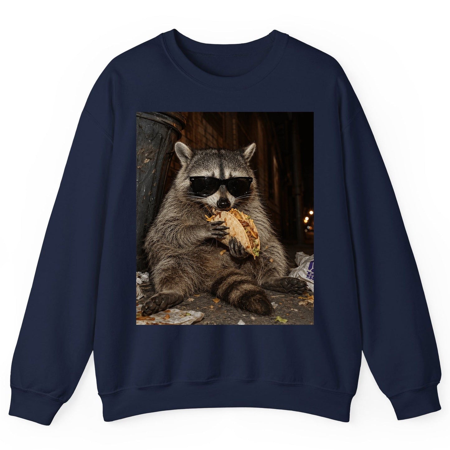 Raccoon Eating Taco Funny Animal Lovers Sweatshirt - product mockup - Navy