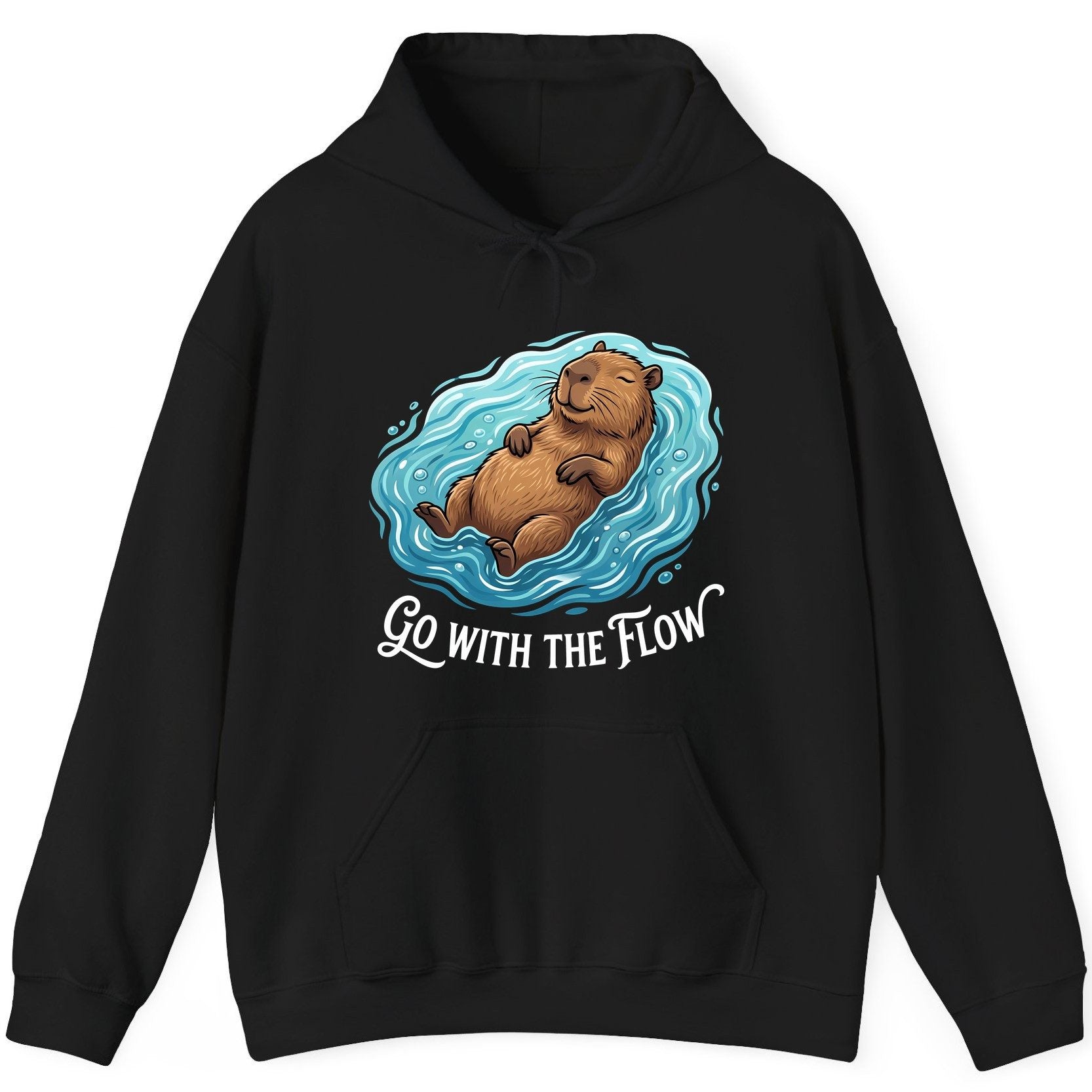 Go WITH THE Flow Funny Capybara Hoodie - product mockup - Black