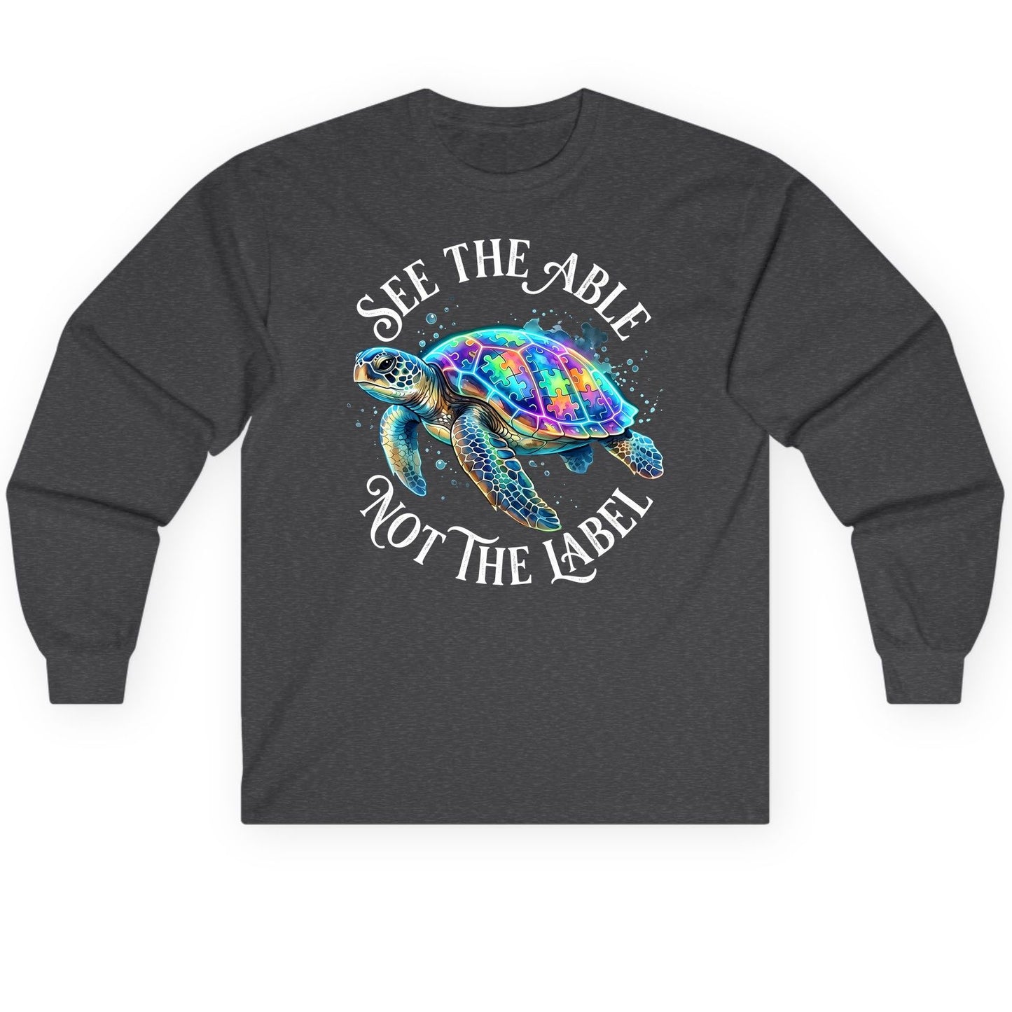 See the Able Not the Label Autism Awareness Long Sleeve Tee - product mockup - Dark Heather