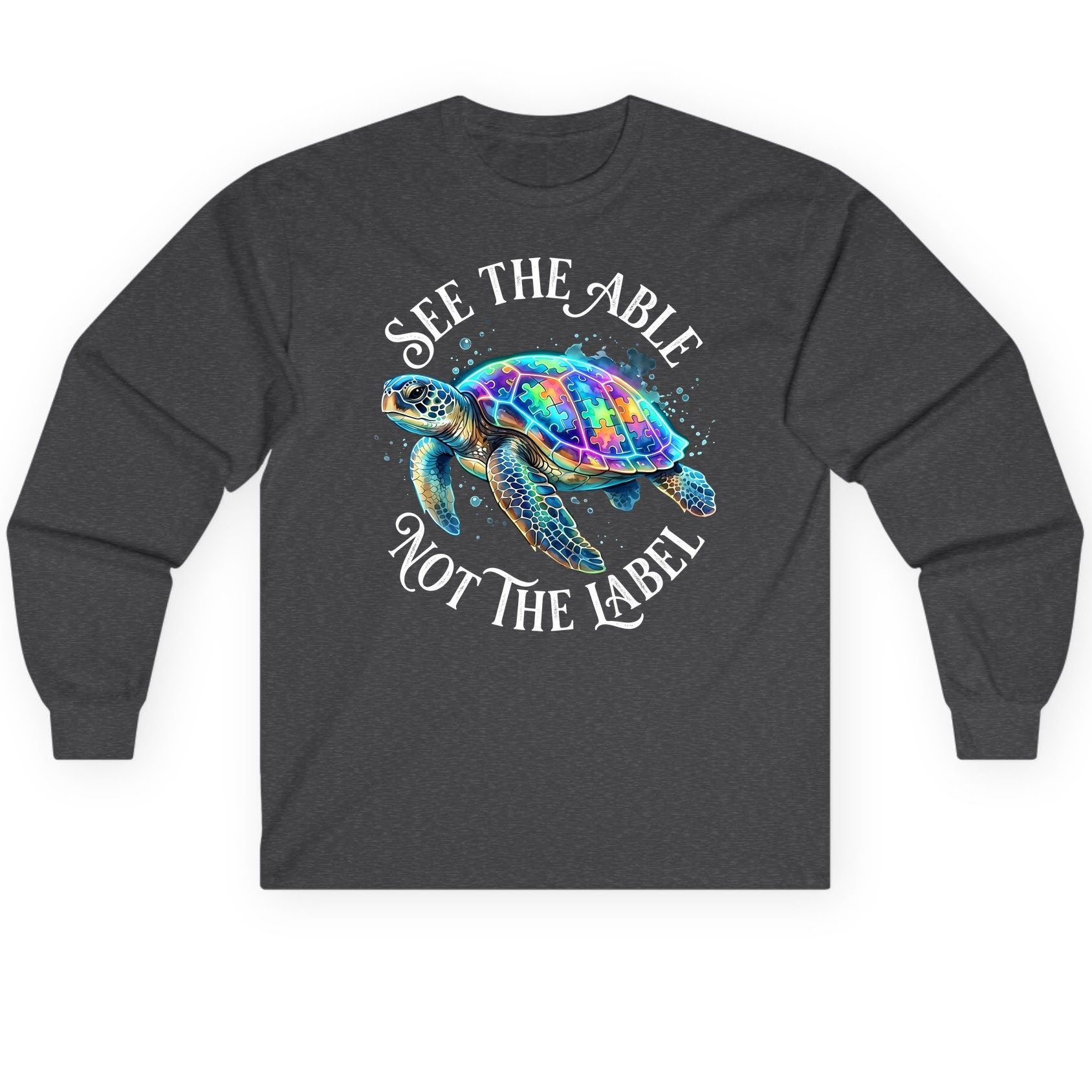 See the Able Not the Label Autism Awareness Long Sleeve Tee - product mockup - Dark Heather