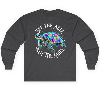 See the Able Not the Label Autism Awareness Long Sleeve Tee - product mockup - Dark Heather