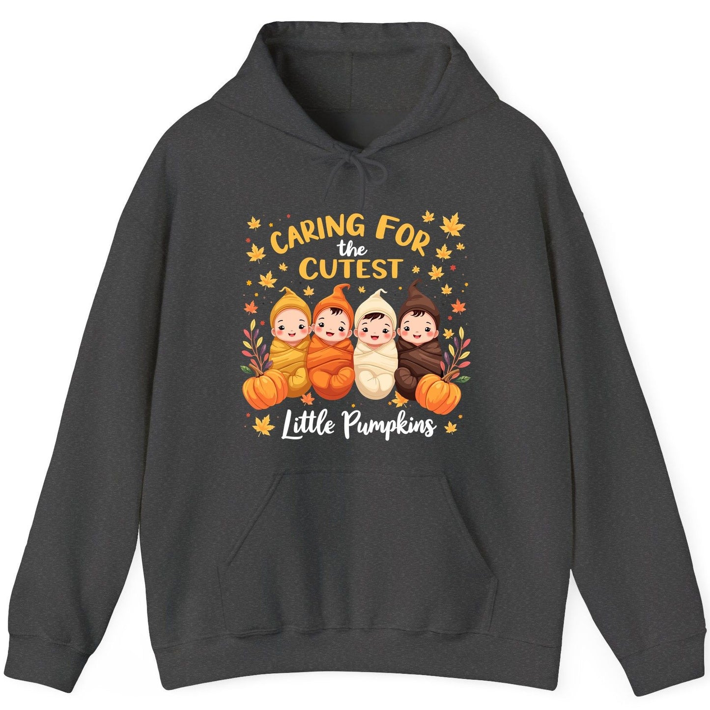 Caring for the Cutest Little Pumpkins swaddled babies Hoodie Dark Heather product mockup