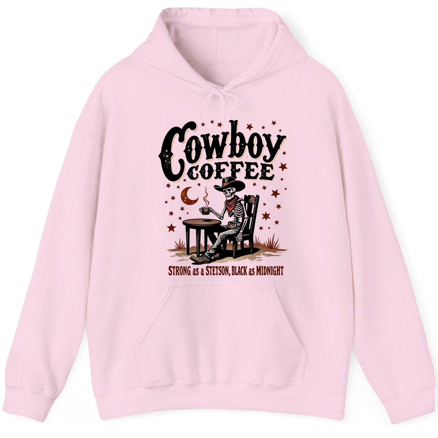 Cowboy Coffee Strong as a Stetson, Black as Midnight cowboy skeleton Hoodie Light Pink product mockup