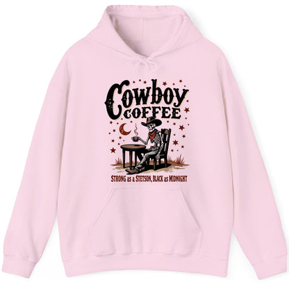 Cowboy Coffee Strong as a Stetson, Black as Midnight cowboy skeleton Hoodie Light Pink product mockup