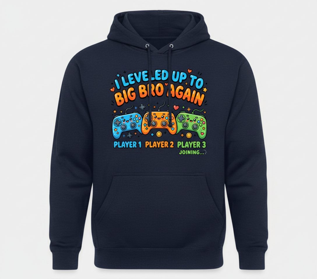 I Leveled UP TO BIG BRO AGAIN Brother Announcement Hoodie - product mockup - Navy