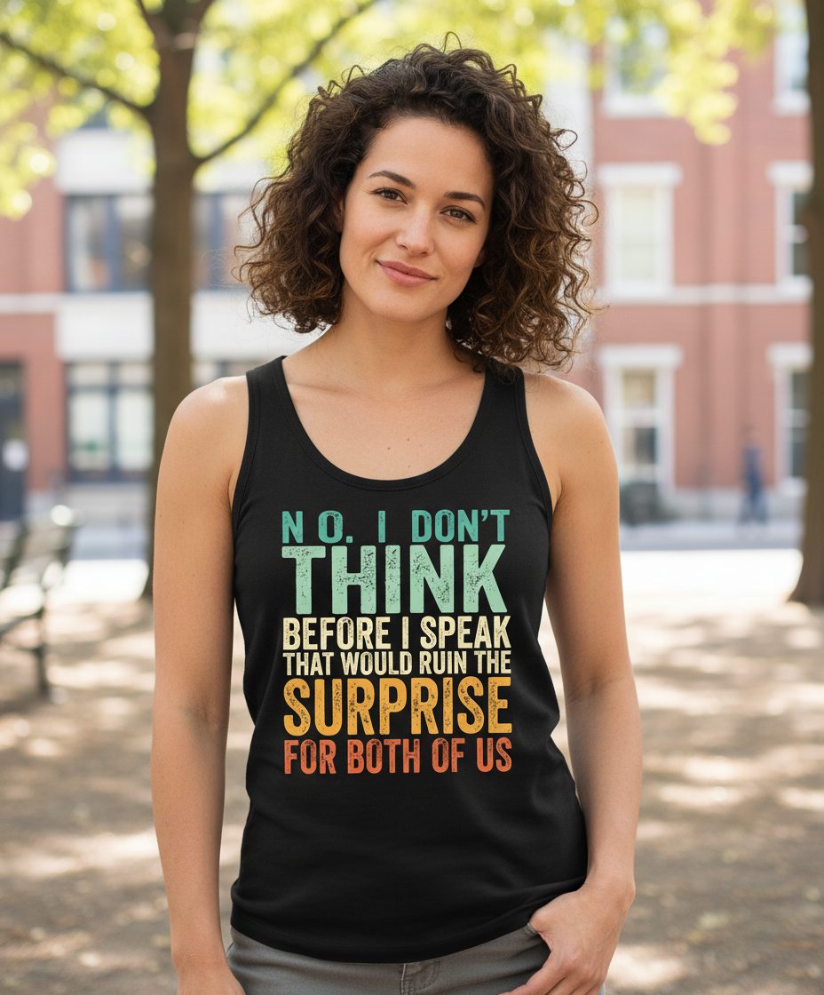 No I Don't Think Before I Speak That Would Ruin the Surprise for Both of US sarcastic humor Tank Top Black lifestyle mockup