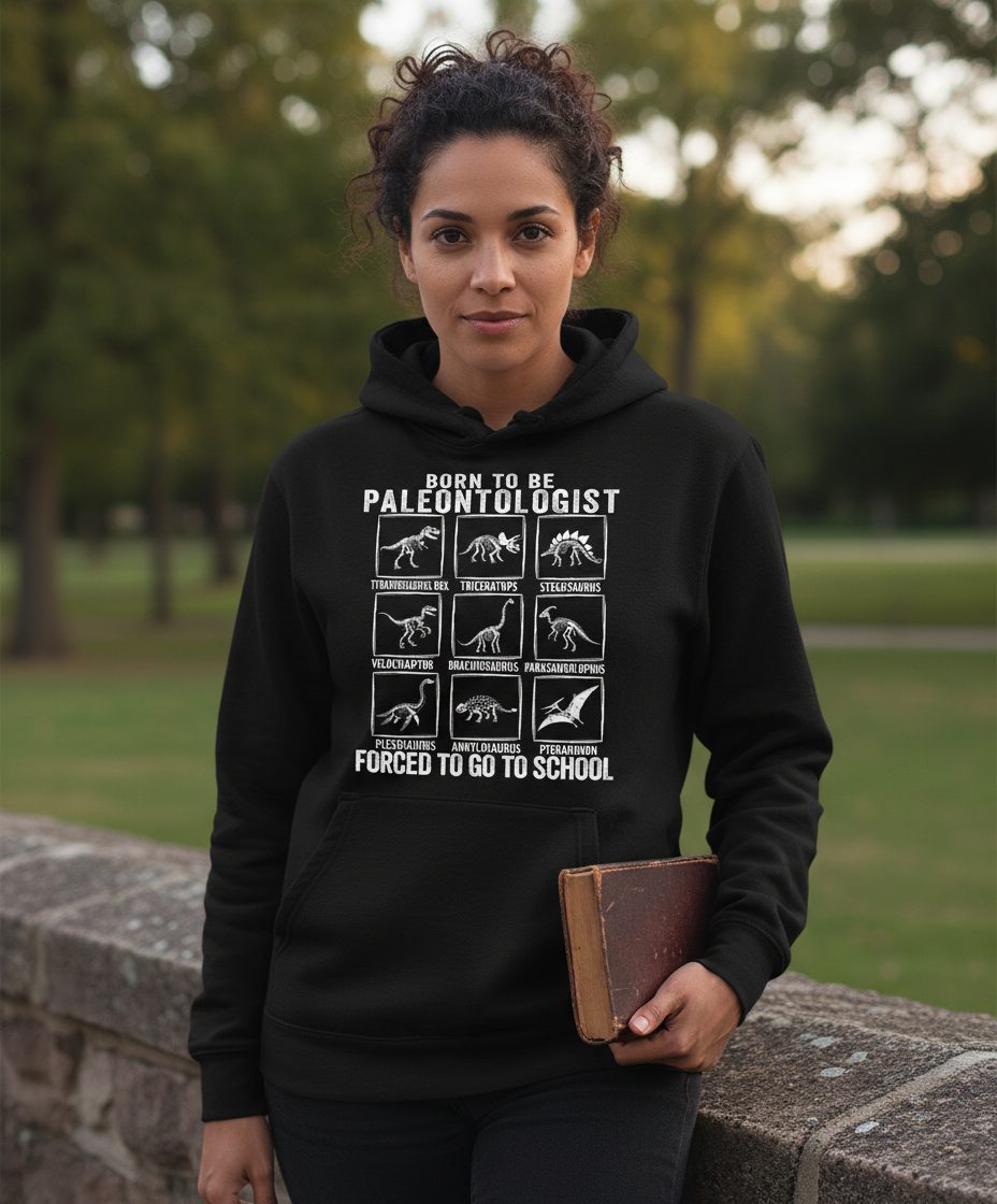 Born to Be Paleontologist Forced to Go to School paleontology Hoodie Black lifestyle mockup