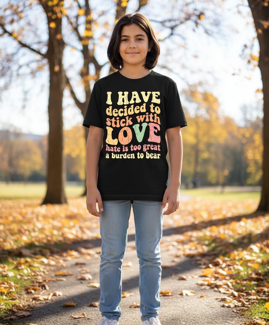 I Have Decided to Stick with Love Hate Is Too Great a Burden to Bear love and kindness Youth T-Shirt Black lifestyle mockup