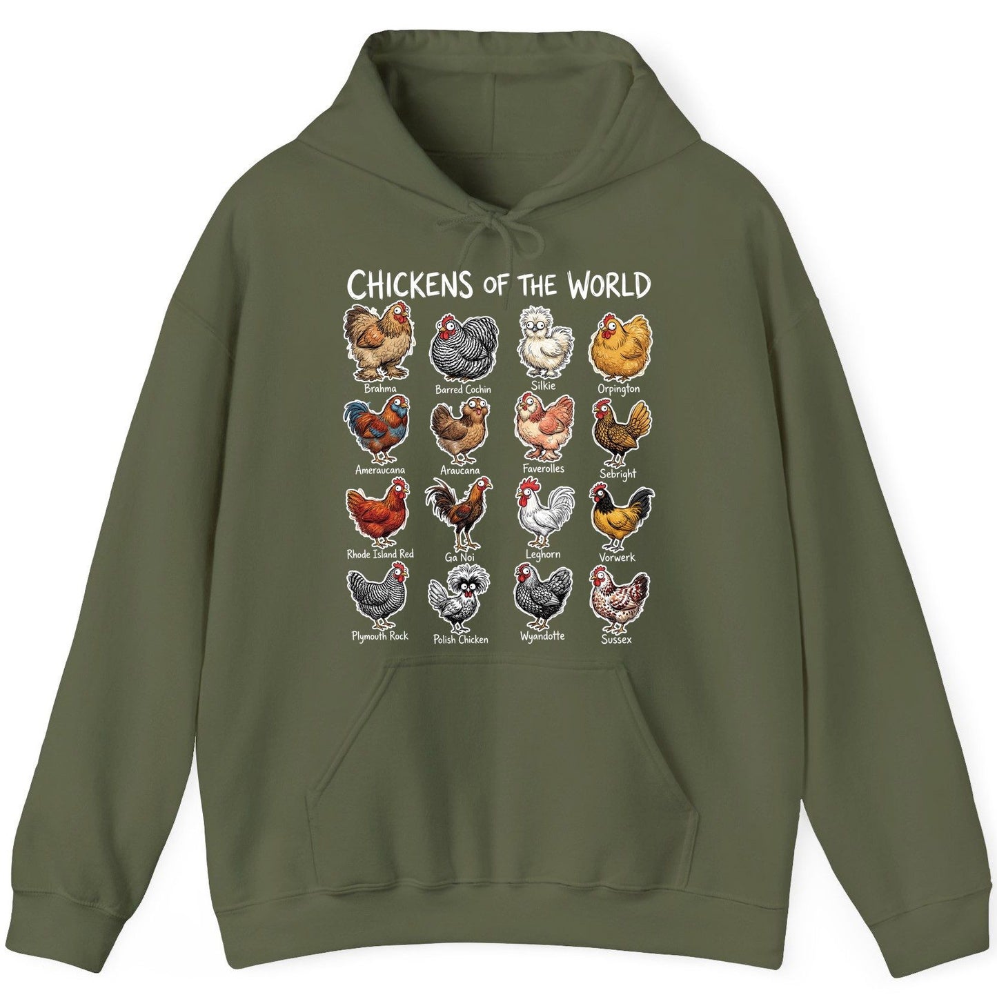 Chickens of the World chicken breeds Hoodie Military Green product mockup