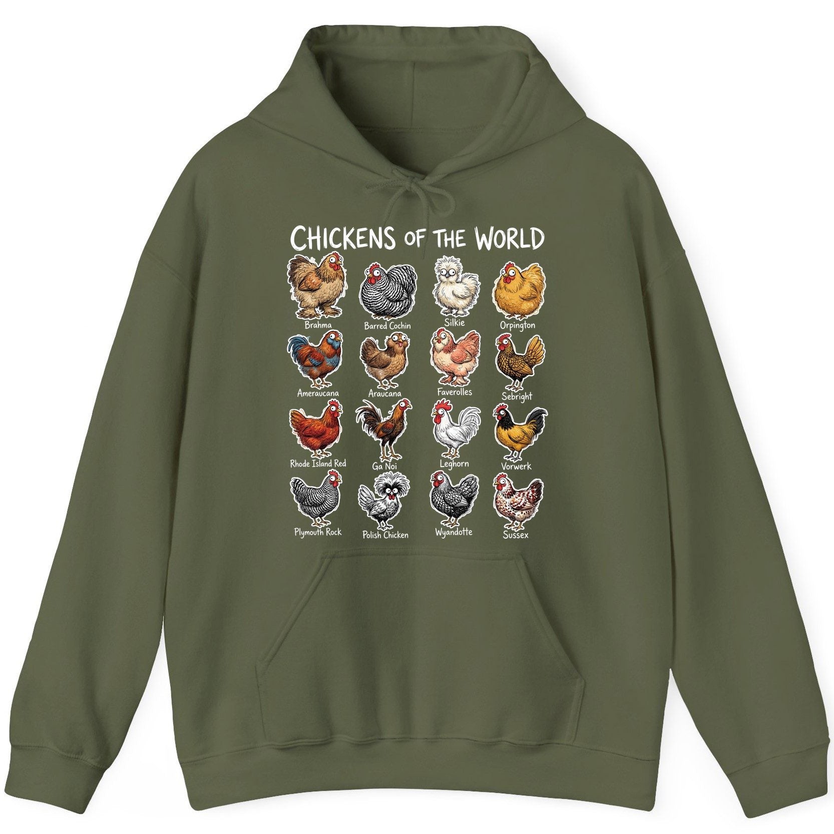 Chickens of the World chicken breeds Hoodie Military Green product mockup