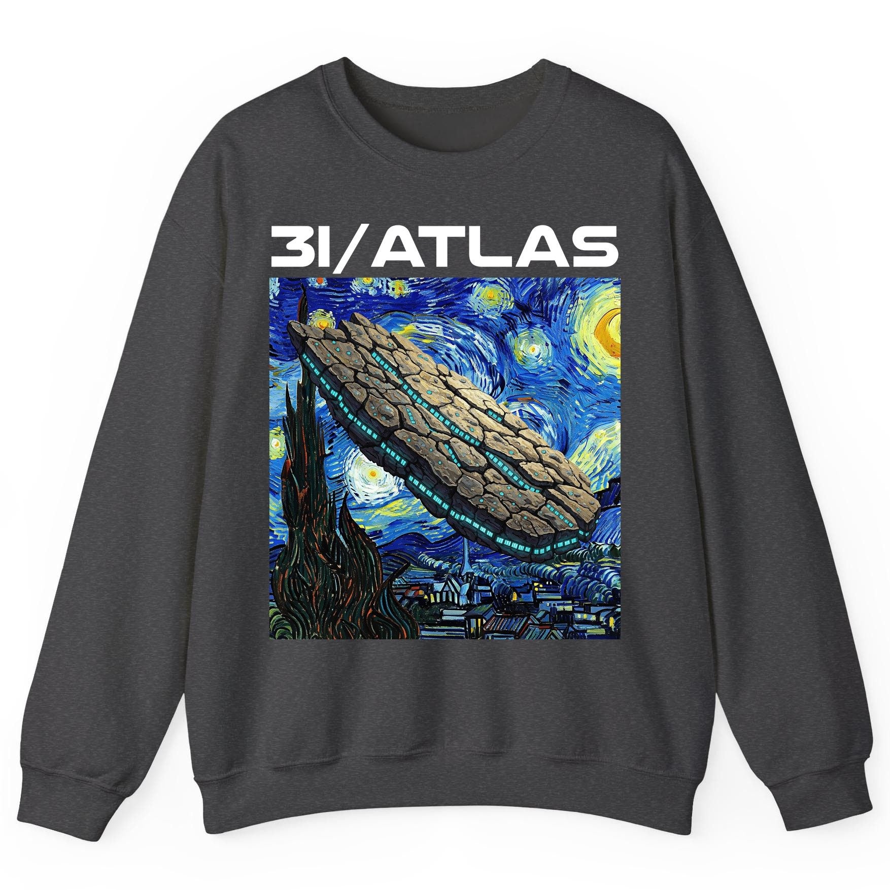31 Atlas van gogh sci-fi mashup Sweatshirt Dark Heather product mockup
