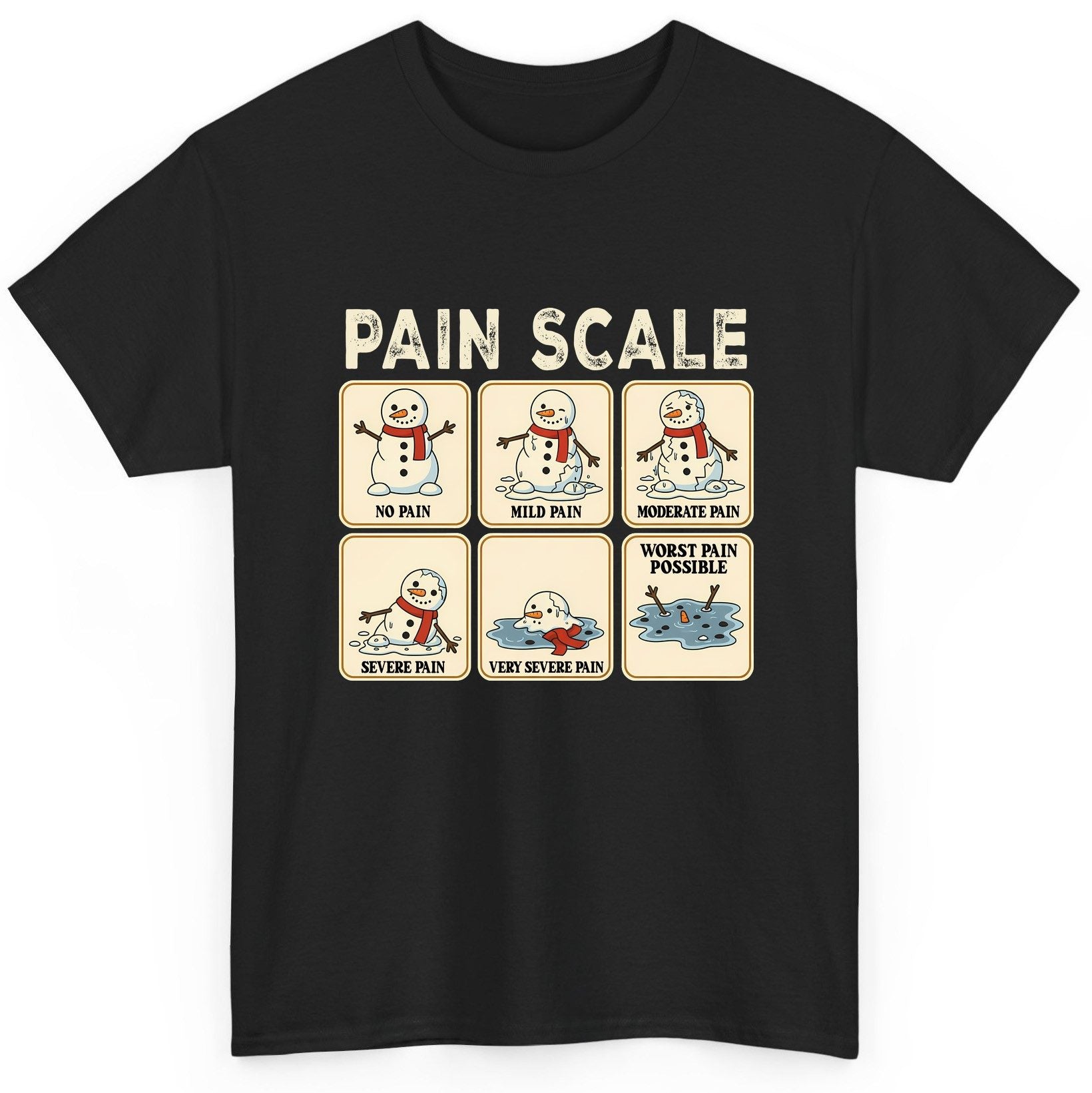 Pain Scale No Pain Mild Pain Moderate Pain Severe Pain Very Severe Pain Worst Pain Possible snowman T-Shirt Black product