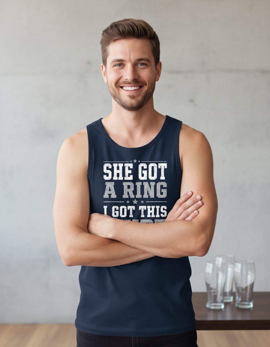 She Got a Ring I Got This Shirt Funny Bachelor Party Tank Top - product mockup - Navy