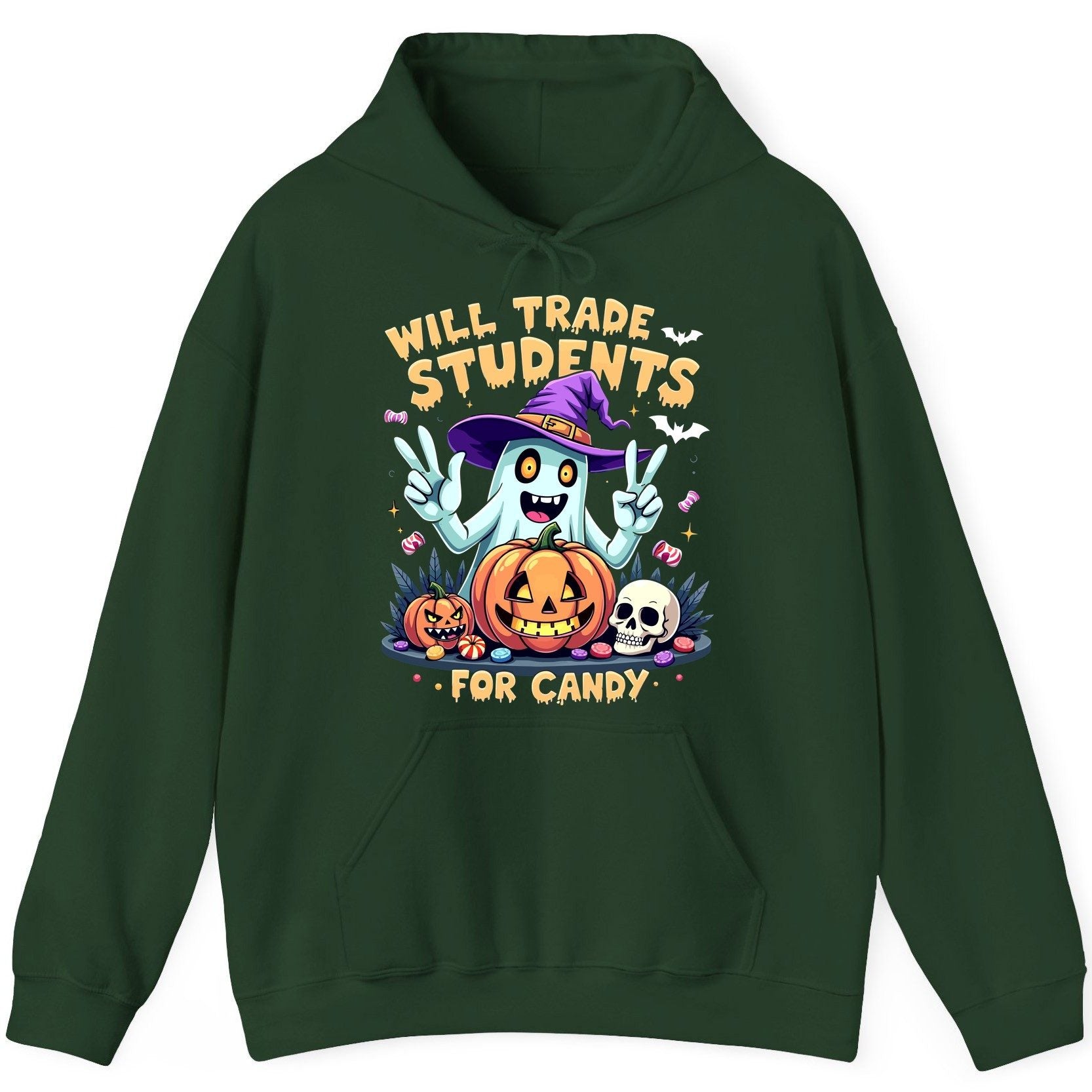 Will Trade Students for Candy teacher humor Hoodie Forest Green product mockup