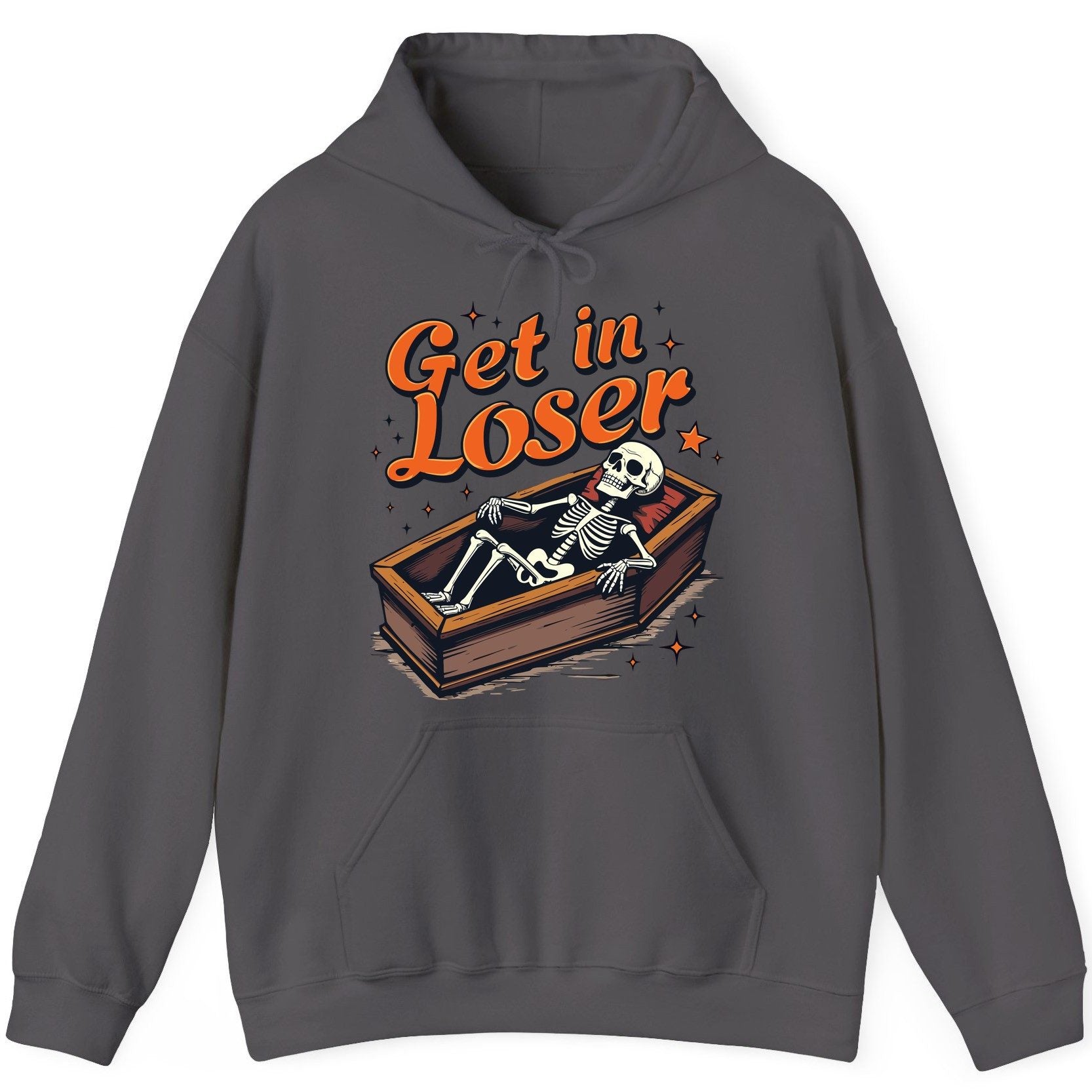 Get in Loser skeleton in coffin Hoodie Charcoal product mockup
