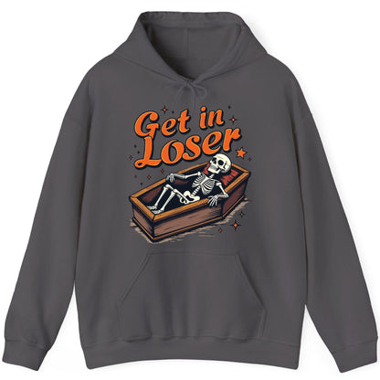 Get in Loser skeleton in coffin Hoodie Charcoal product mockup
