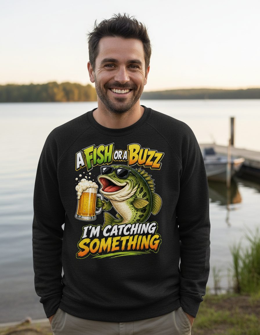 A FISH OR a BUZZ I'M Catching Something Funny Fishing Sweatshirt - lifestyle model mockup - Black
