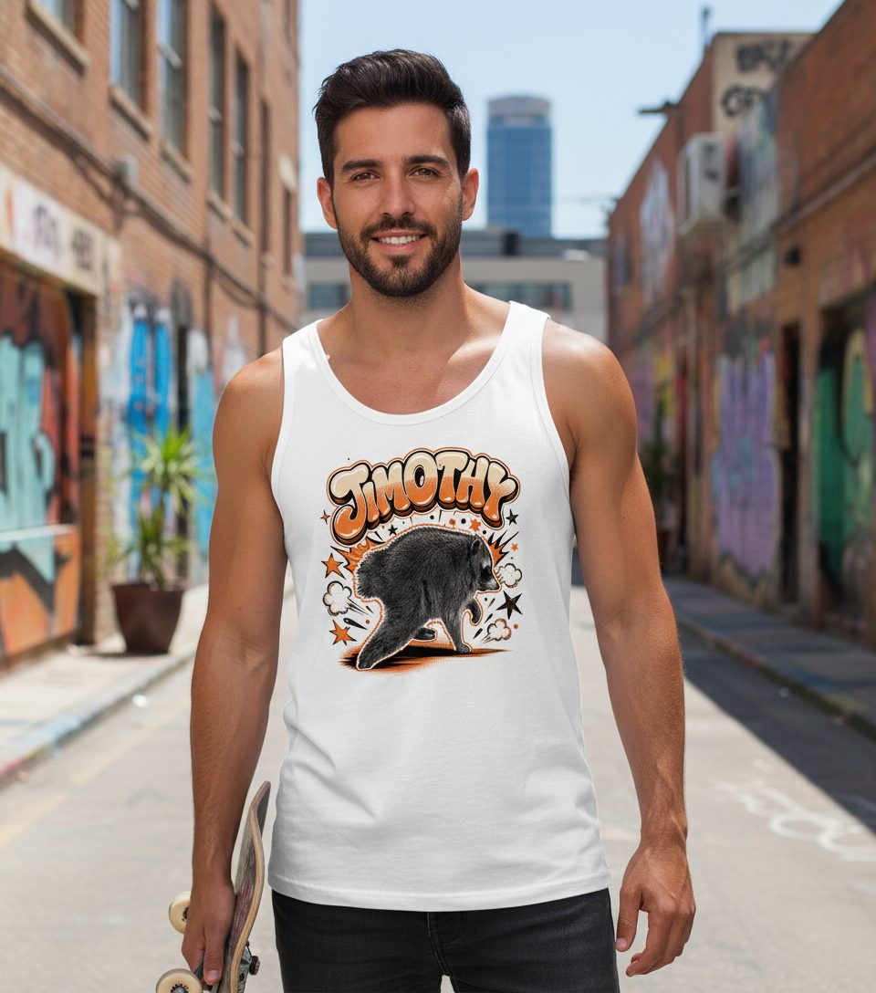 Timothy Retro Raccoon Tank Top - lifestyle model mockup - White