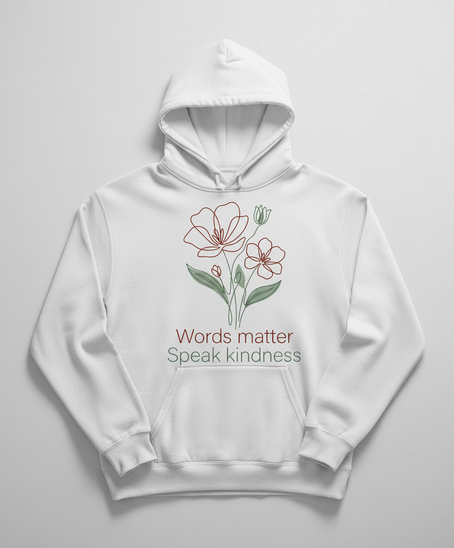 Words Matter Speak Kindness Floral Line Art Hoodie - White