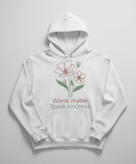 Words Matter Speak Kindness Floral Line Art Hoodie - White
