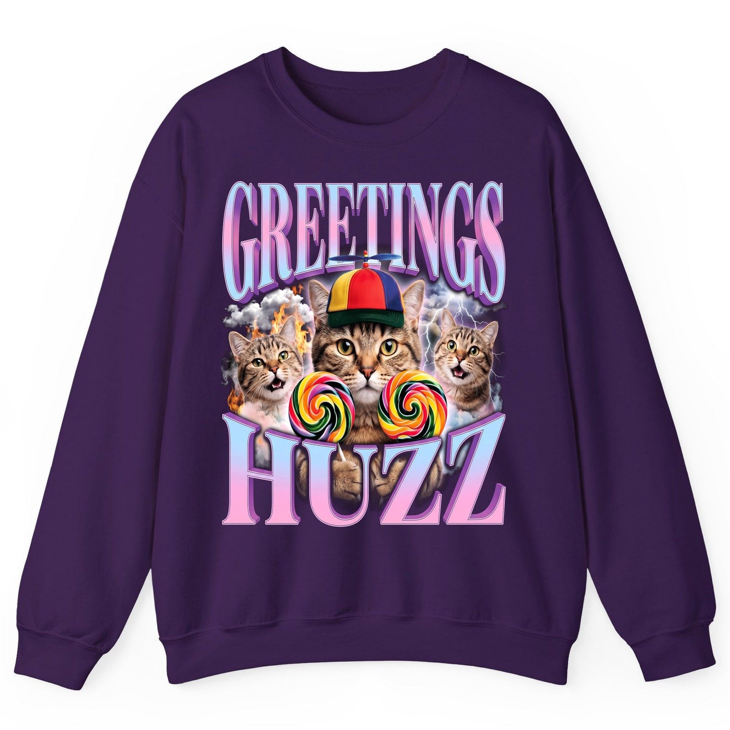 Greetings Huzz Funny Cats Sweatshirt - product mockup - Purple