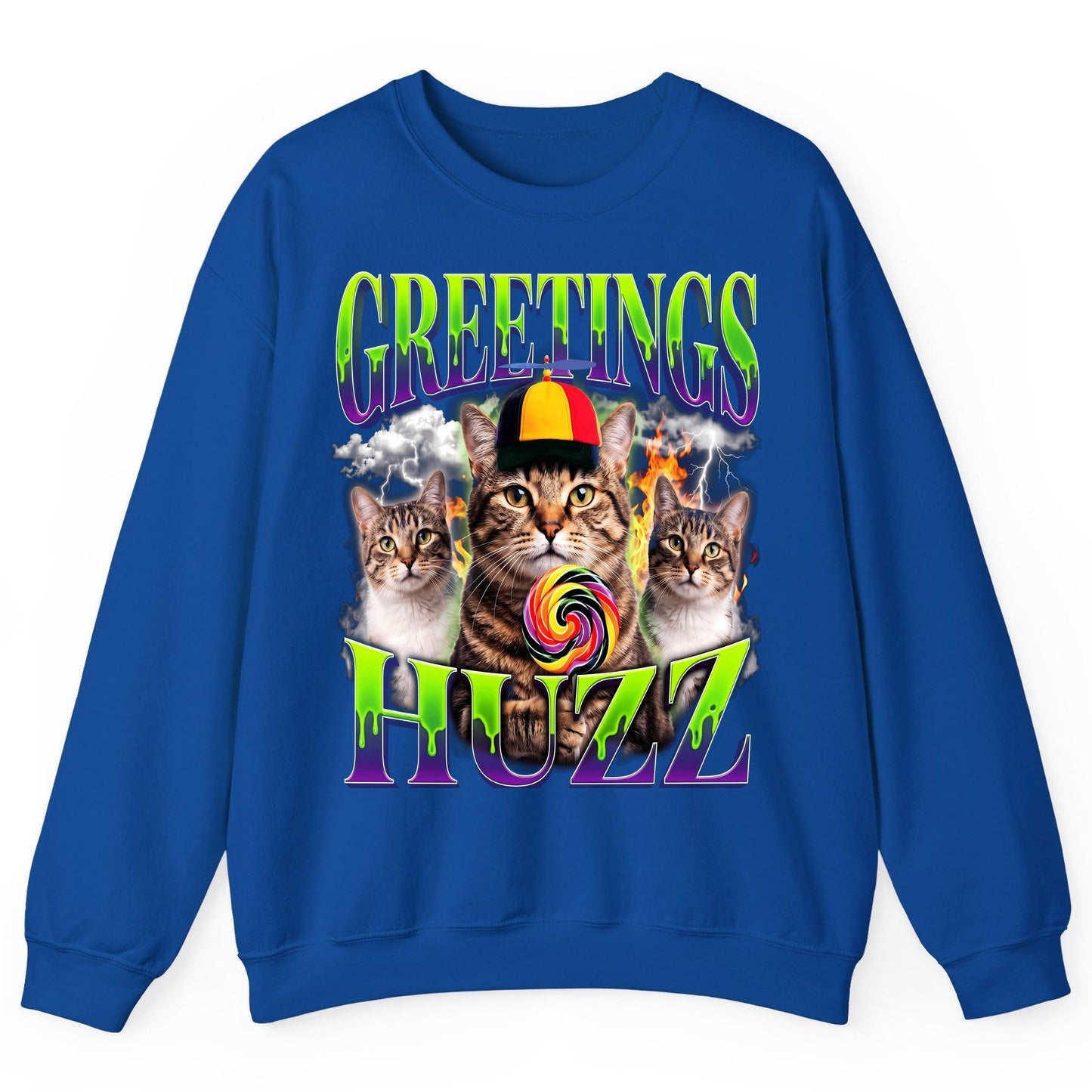 Greetings HUZZ Funny Cat Sweatshirt - product mockup - Royal