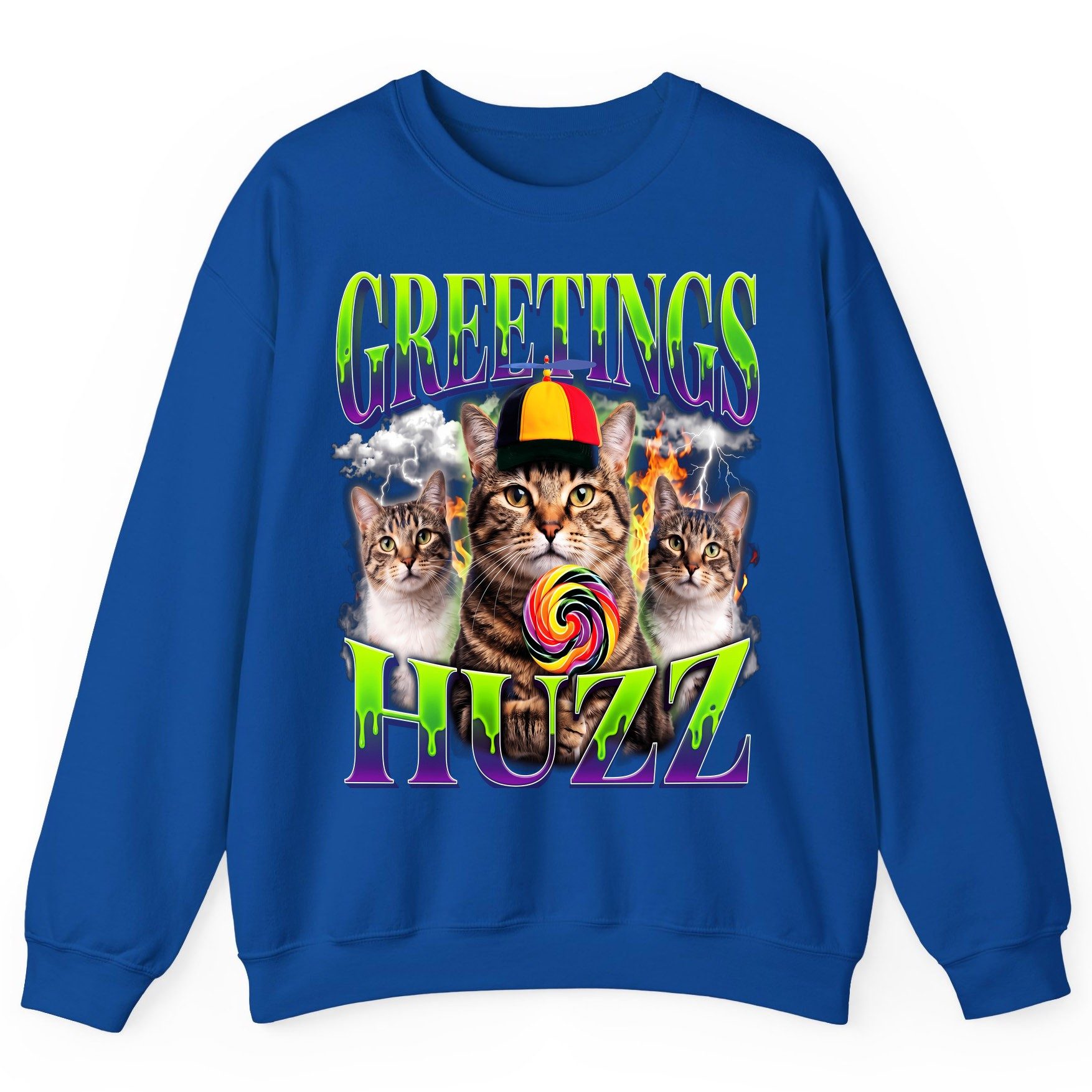 Greetings HUZZ Funny Cat Sweatshirt - product mockup - Royal