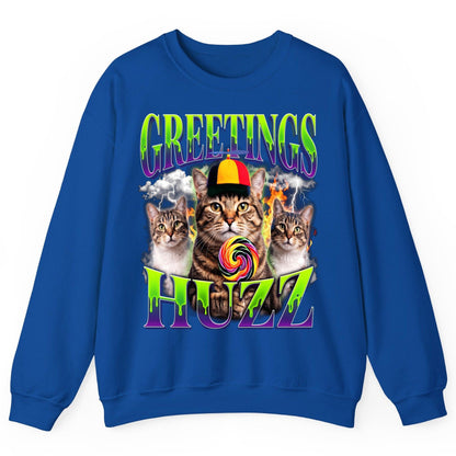 Greetings HUZZ Funny Cat Sweatshirt - product mockup - Royal