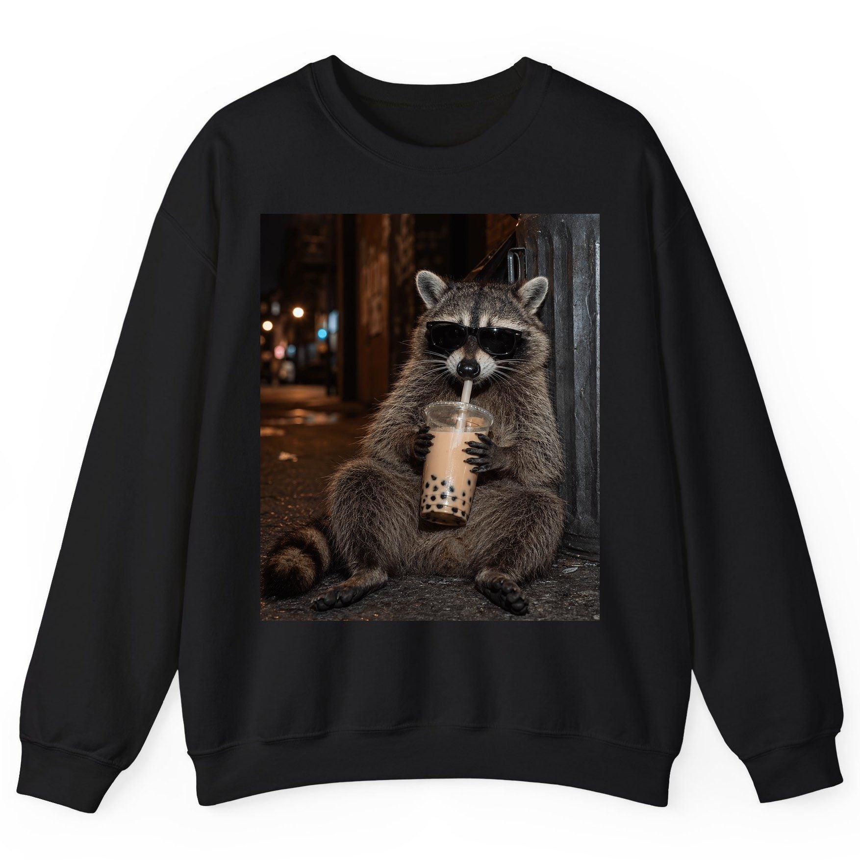 Cool Raccoon Bubble Tea Funny Lovers Sweatshirt - product mockup - Black