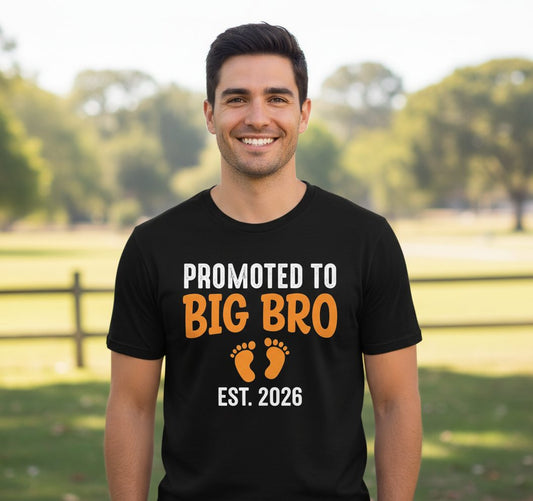 Promoted TO BIG BRO EST 2026 Pregnancy Announcement T-Shirt - lifestyle model mockup - Black