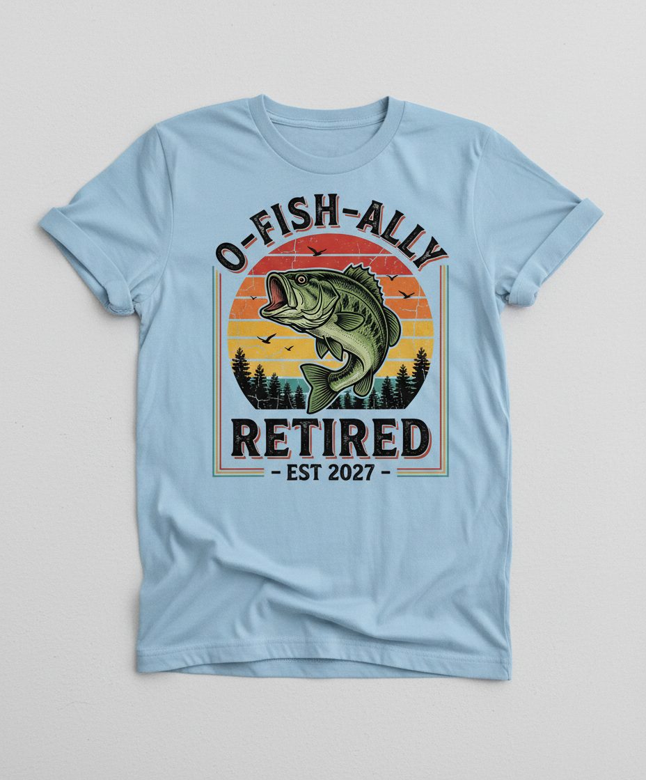 O-Fish-Ally Retired EST 2027 Funny Fishing T-Shirt - product mockup - Light Blue
