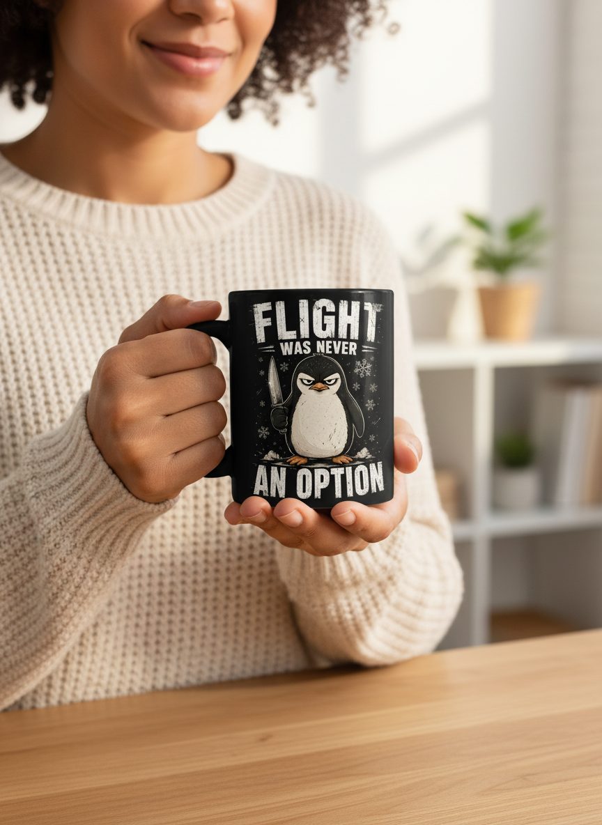 Flight Was Never an Option Funny Penguin Black Mug - lifestyle model mockup - Black