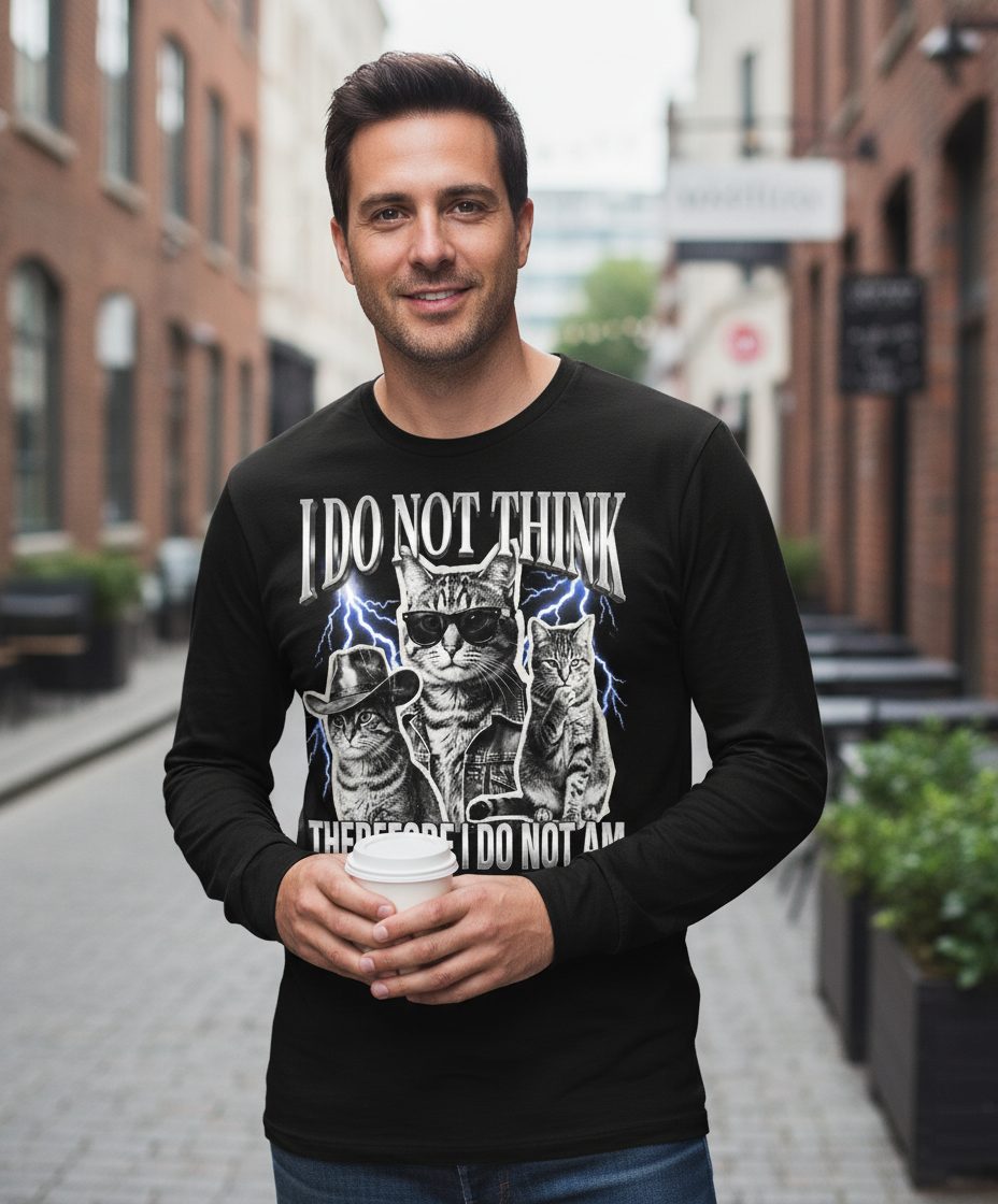 I Do Not Think Therefore I Do Not Am cats Long Sleeve Tee Black lifestyle mockup
