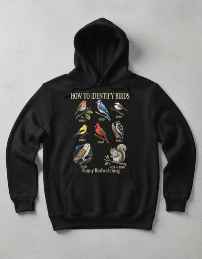 How to Identify Birds Funny Birdwatching Hoodie - product mockup - Black
