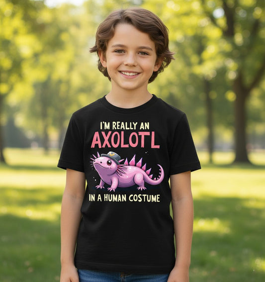I'm Really an Axolotl in a Human Costume axolotl Youth T-Shirt Black lifestyle mockup
